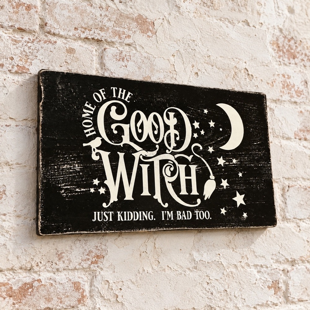 Home of the Good Witch Just Kidding Im Bad Too Distressed Wood Halloween Sign
